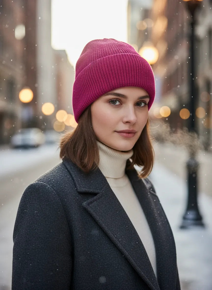 City winter portrait—woman wearing a fuchsia pink rib-knit cuffed beanie by Sportive Lives; cozy cold-weather hat, unisex 56–58 cm.