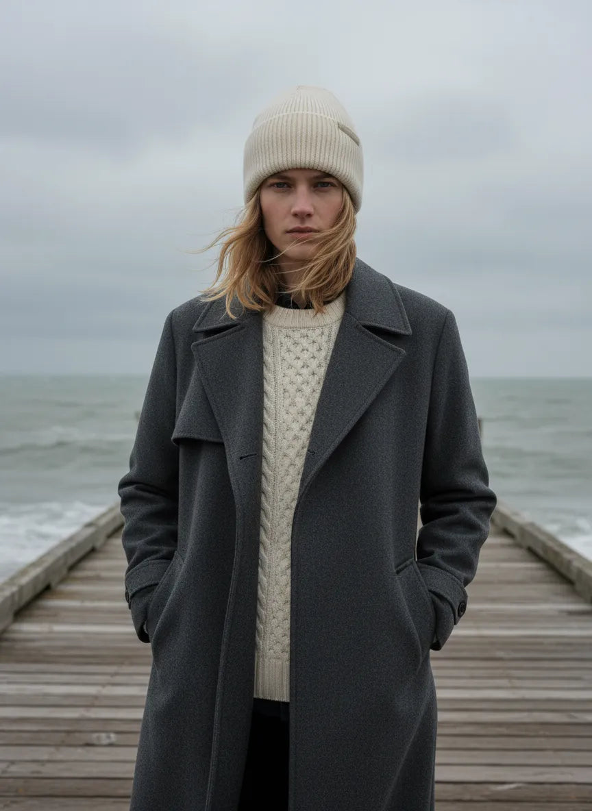 Windy coastal scene—woman in an ivory cream rib-knit cuffed beanie (toque) by Sportive Lives; soft stretch acrylic, one size 56–58 cm.