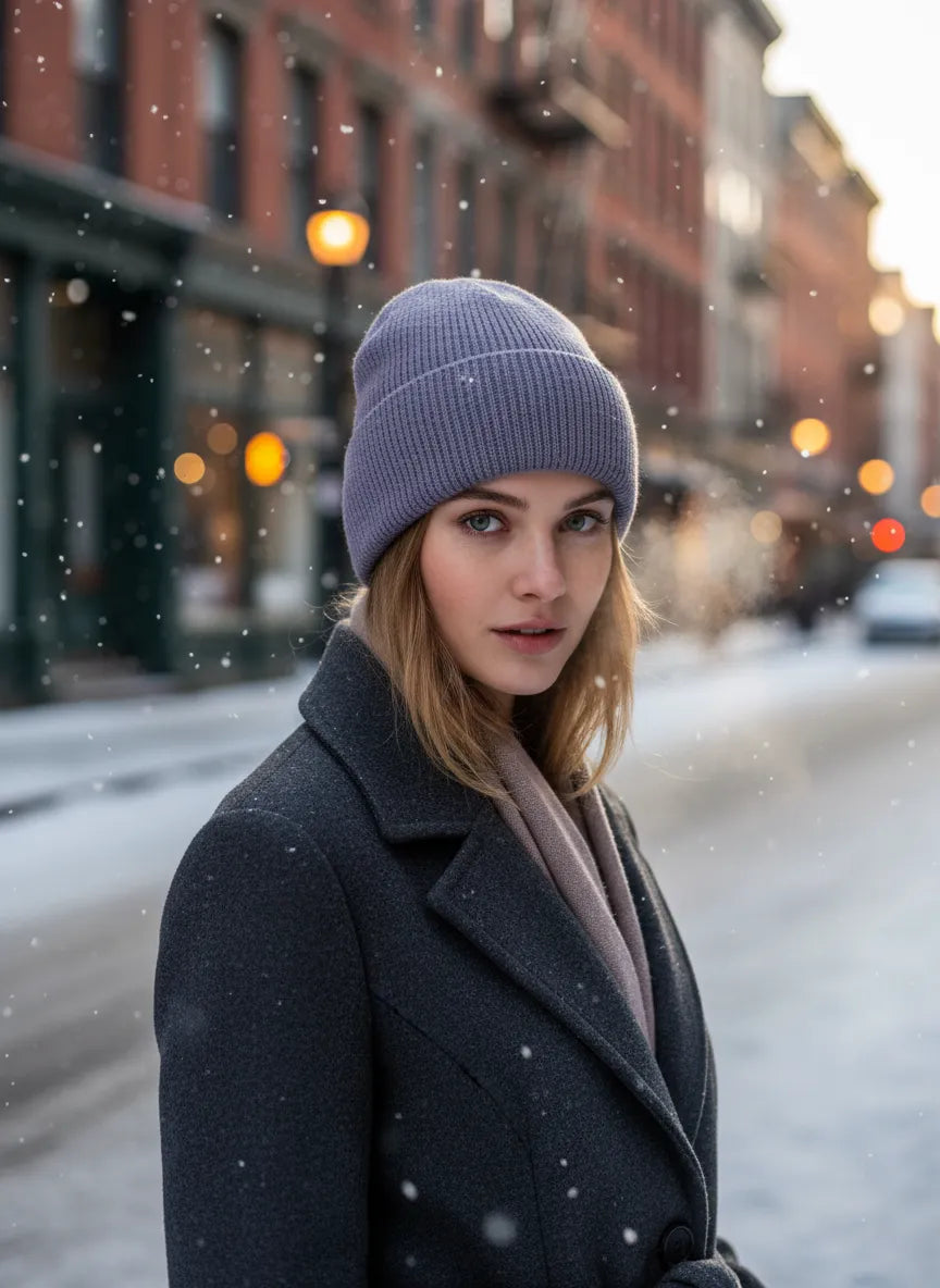 Woman on a snowy city street wearing a lavender rib-knit cuffed beanie (toque) by Sportive Lives; soft acrylic blend, one size 56–58 cm.