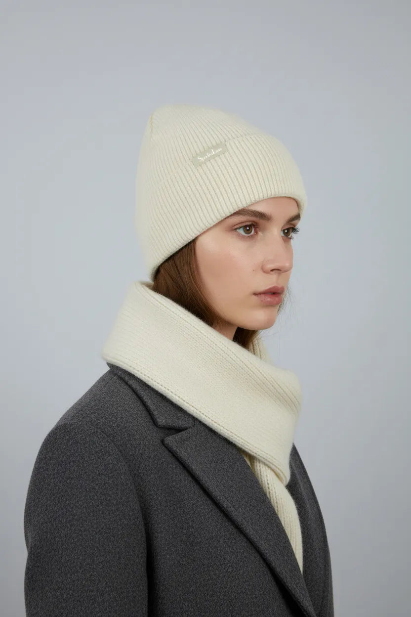 Woman wearing ivory cream ribbed knit toque by Sportive Lives with matching scarf, warm winter hat, Canada.
