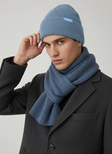 Man wearing lake blue ribbed knit toque by Sportive Lives with matching scarf, warm winter beanie, Canada.