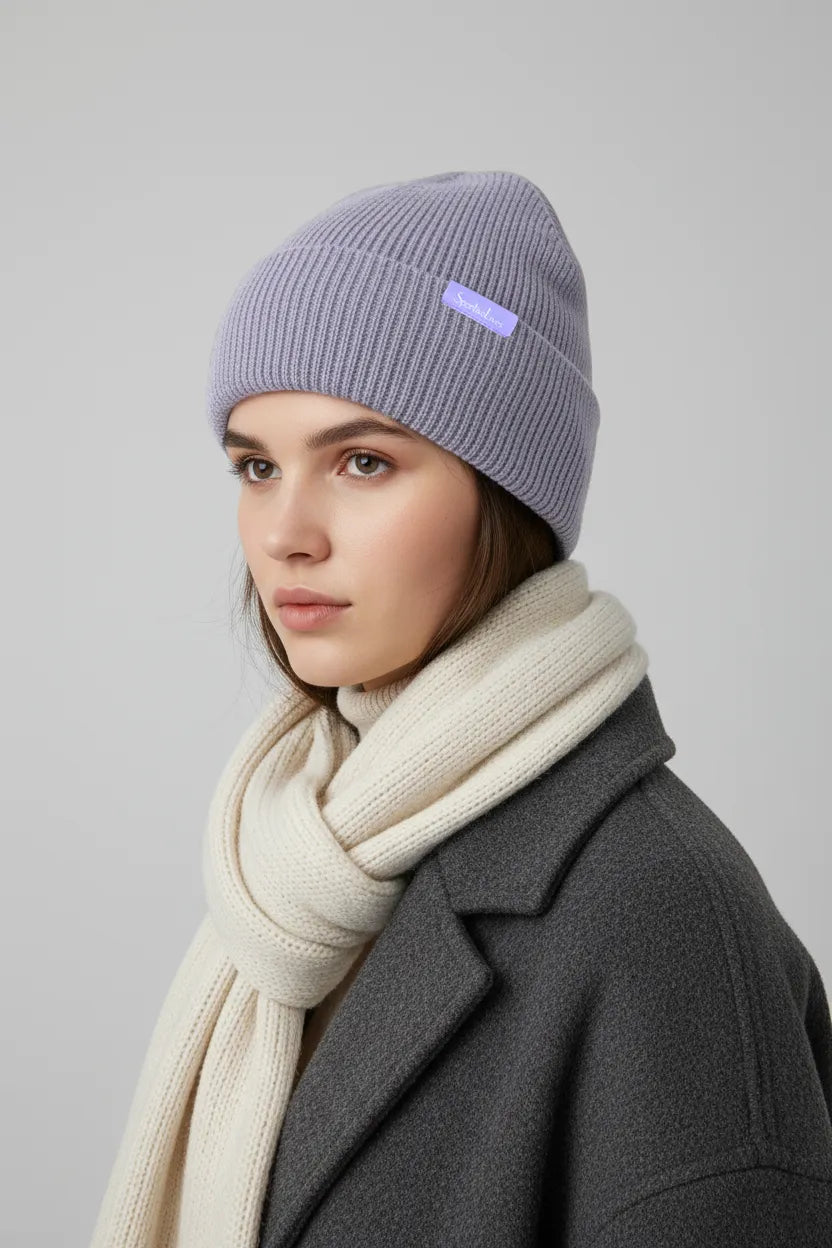 Woman wearing lavender ribbed knit toque (cuffed beanie) by Sportive Lives, soft warm winter hat, Canada.