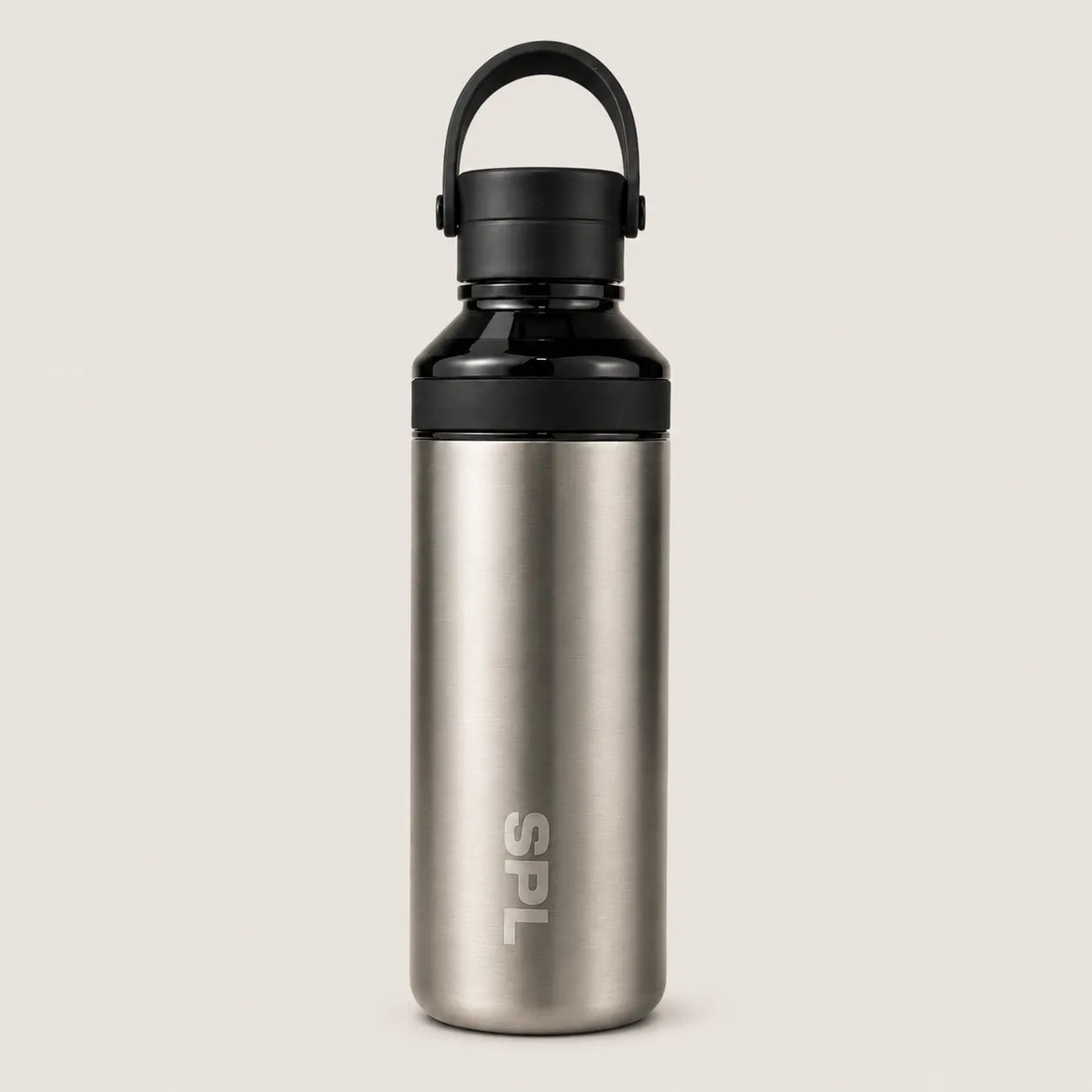 Sportive Lives SPL stainless steel water bottle in brushed steel and black with carry handle, front view on neutral background