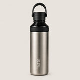 Sportive Lives SPL stainless steel water bottle in brushed steel and black with carry handle, front view on neutral background