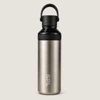 Sportive Lives SPL stainless steel water bottle in brushed steel and black with carry handle, front view on neutral background