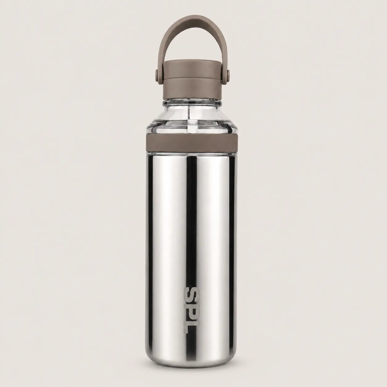 Sportive Lives SPL mirror stainless steel water bottle with taupe handle and lid accents, sleek reusable bottle for everyday hydration