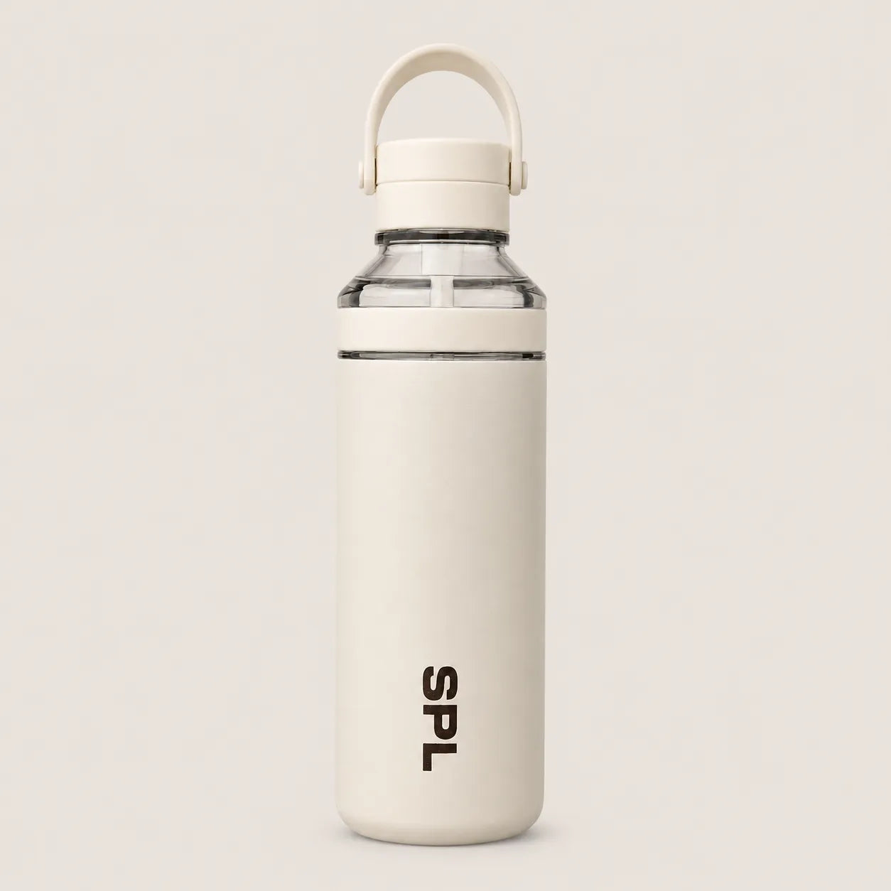 Sportive Lives SPL ivory white water bottle with carry handle and clear lid detail, minimalist reusable bottle for daily hydration