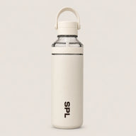 Sportive Lives SPL ivory white water bottle with carry handle and clear lid detail, minimalist reusable bottle for daily hydration