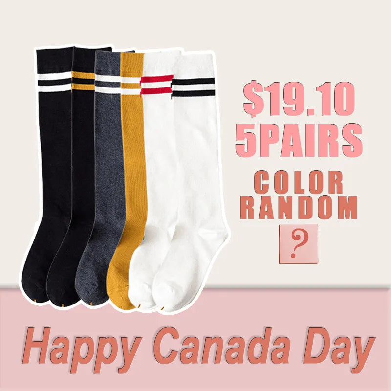 Sportive Lives 5 pairs of random color striped knee-high socks Canada Day promotion – breathable cotton socks bundle for girls and teens, C$19.10 special offer
