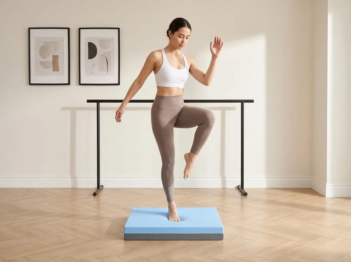 Woman standing on one leg on a blue TPE Yoga Balance Cushion Pad for stability training