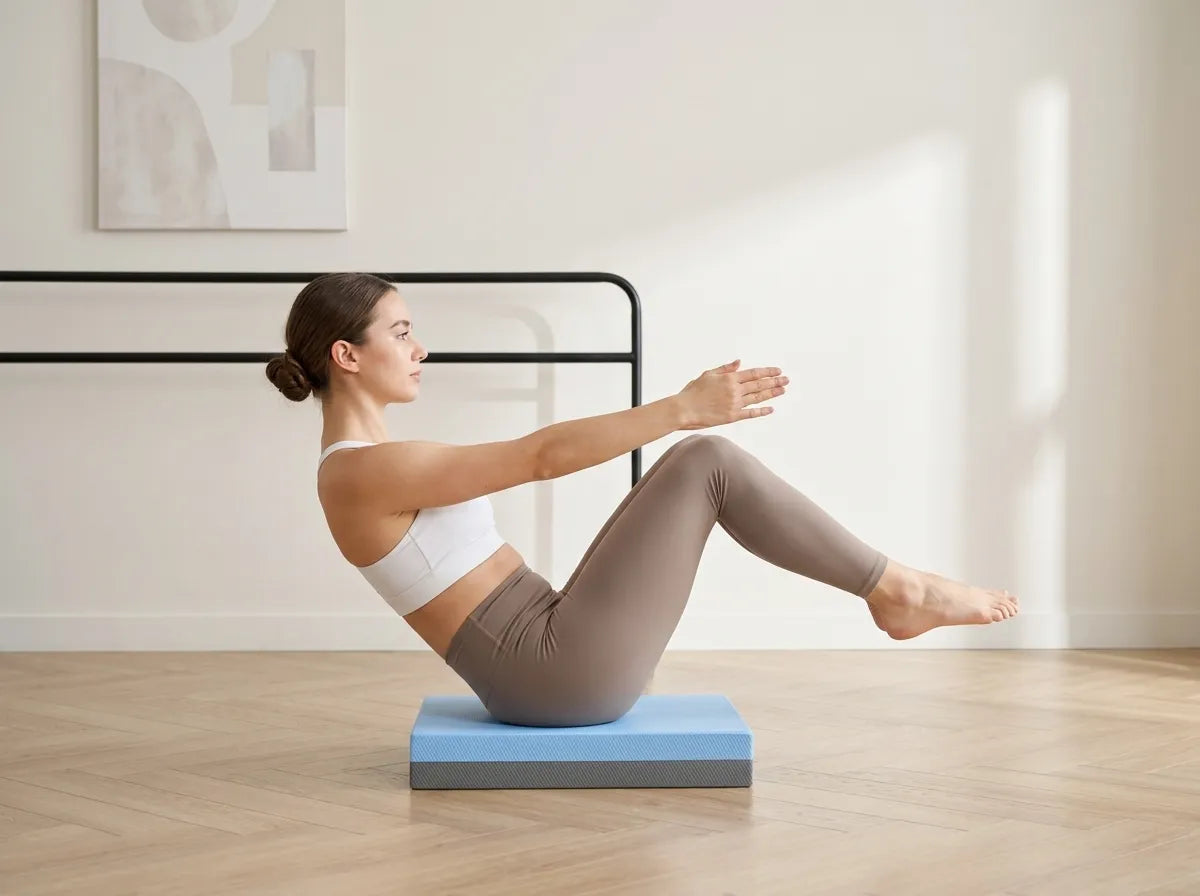 A blue TPE balance cushion pad provides a supportive surface for seated core exercises, Pilates and stability workouts.