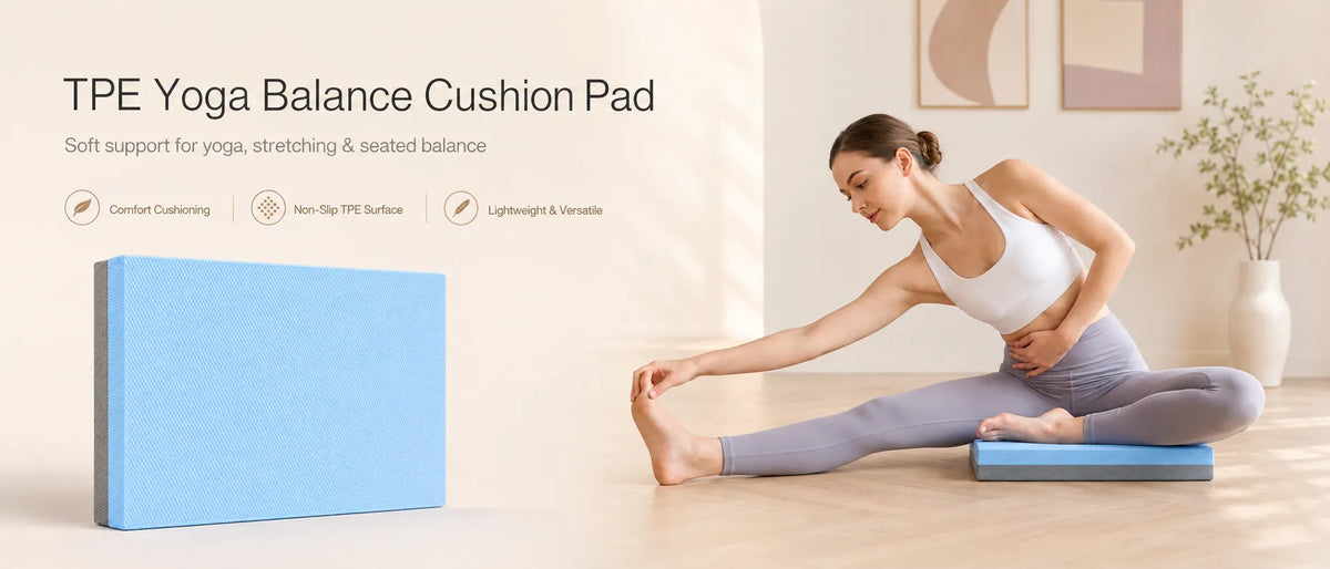 Woman using a blue TPE Yoga Balance Cushion Pad for seated stretching, comfort and balance support