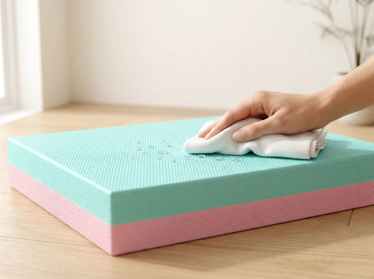 A soft cloth wipes moisture from a two-tone TPE yoga balance cushion pad, showing its convenient everyday cleaning.