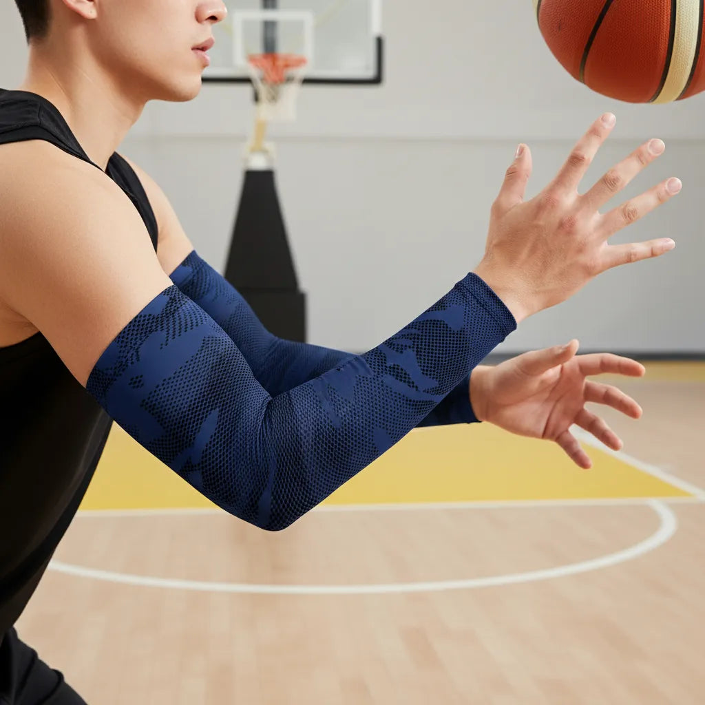 Basketball practice with navy camo UV arm sleeves—cooling, high-stretch sun sleeves — Sportive Lives