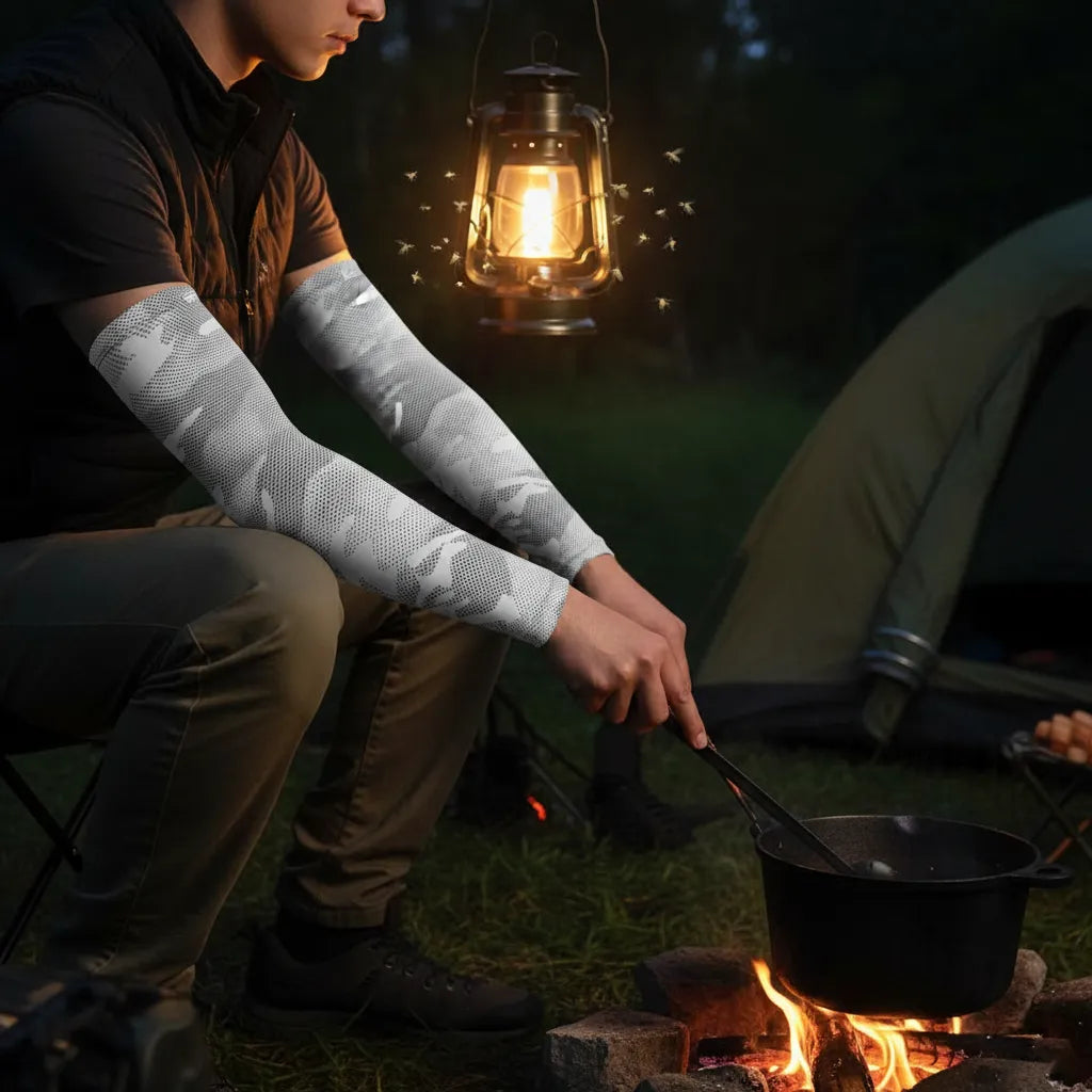Camper by lantern in grey camo UV arm sleeves—comfortable sun sleeves that also cover against evening bugs — Sportive Lives
