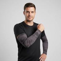 Male model wearing charcoal camo UV arm sleeves — breathable, cooling sun sleeves with secure stay-put fit — Sportive Lives Canada