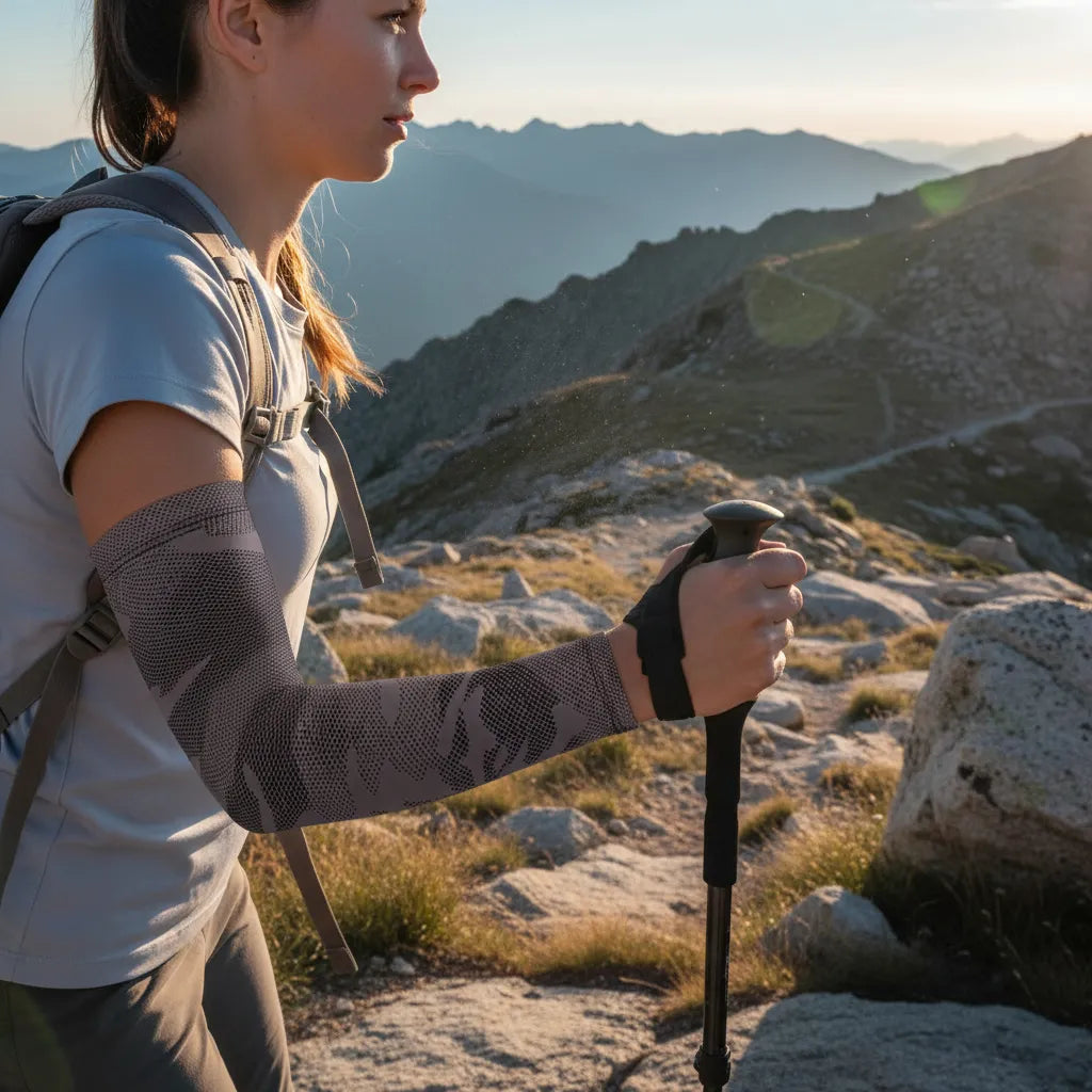 Female hiker in alpine terrain wearing grey camo UV arm sleeves — cooling, breathable sun sleeves for trekking — Sportive Lives Canada