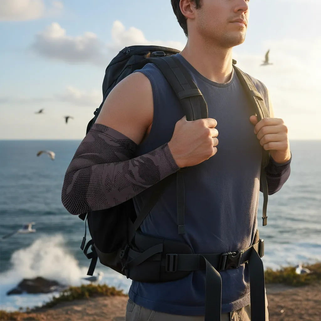 Hiker on a coastal trail wearing charcoal camo cooling UV arm sleeves — breathable, non-slip sun sleeves — Sportive Lives Canada