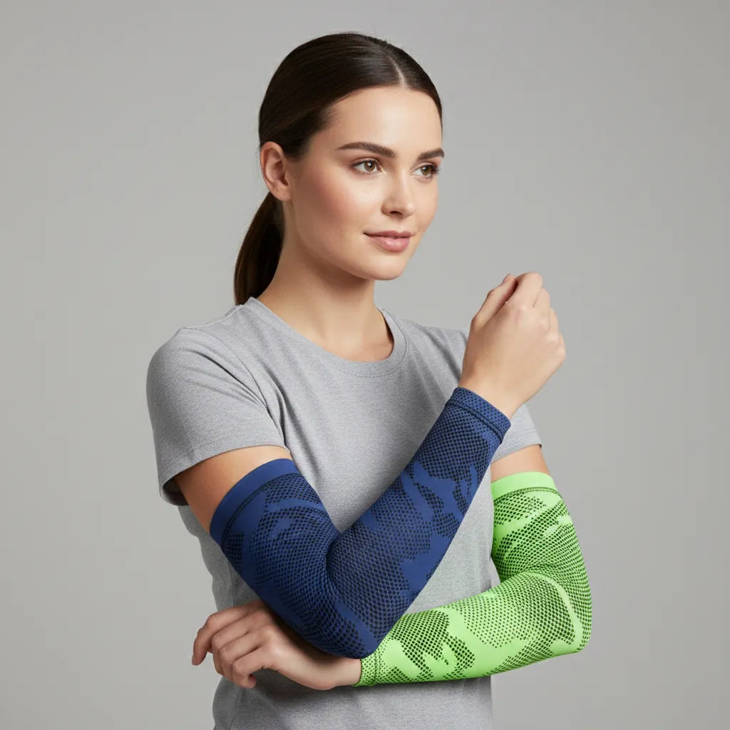 Model wearing navy camo and green camo cooling UV arm sleeves — breathable sun sleeves with a non-slip band — Sportive Lives Canada