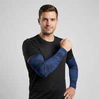 Male model in navy camo UV arm sleeves — cooling, breathable, non-slip sun sleeves — Sportive Lives Canada