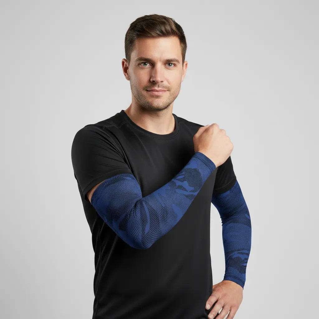 Male model in navy camo UV arm sleeves — cooling, breathable, non-slip sun sleeves — Sportive Lives Canada
