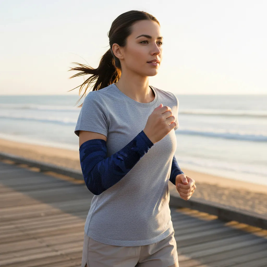 Woman jogging by the beach boardwalk wearing navy camo UV arm sleeves — cooling, quick-dry sun sleeves — Sportive Lives Canada