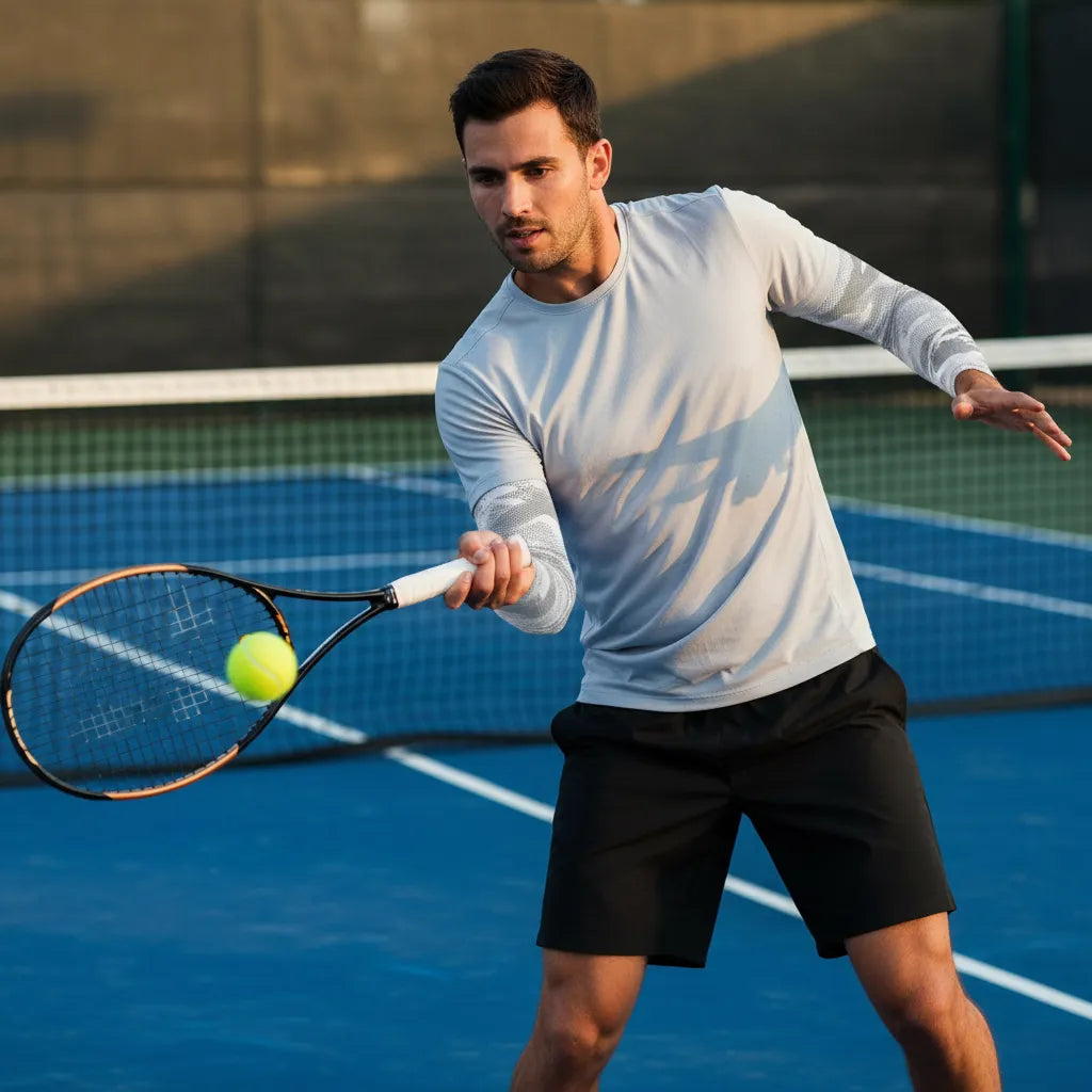 Tennis player hitting a forehand in grey camo UV arm sleeves on blue hard court — lightweight, sweat-wicking sun sleeves — Sportive Lives Canada
