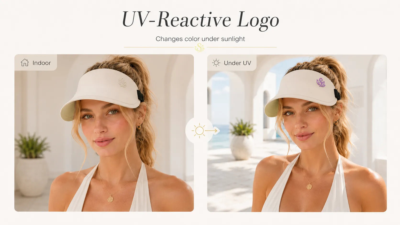 Sportive Lives reversible sun visor showing UV-reactive logo changing color under sunlight