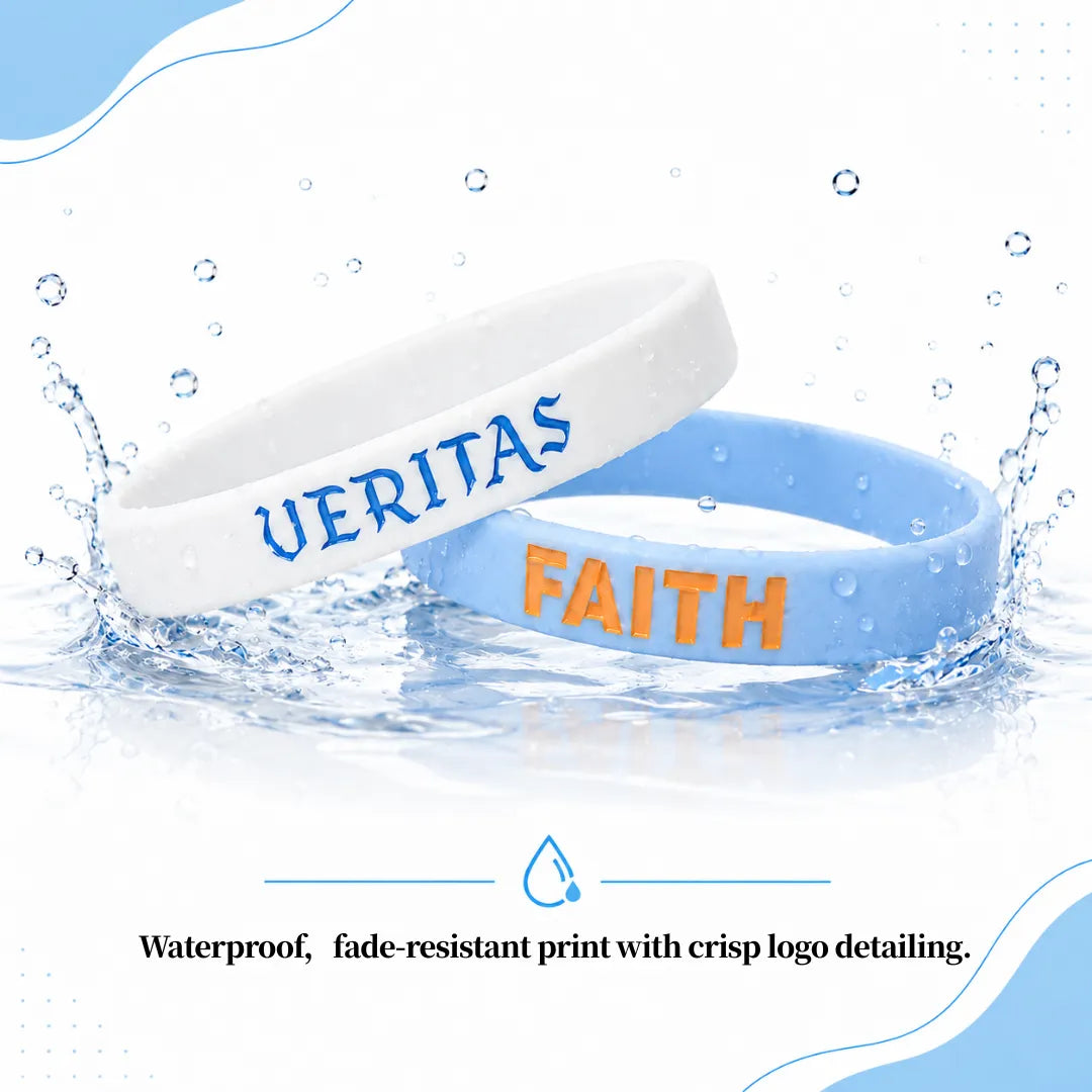 Waterproof white VERITAS and blue FAITH silicone wristbands with fade-resistant lettering