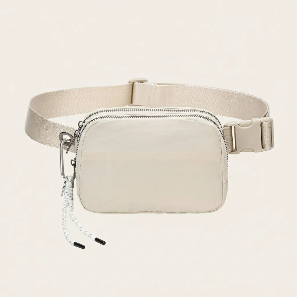 Beige waterproof nylon belt bag, lightweight 145 g, rear anti-theft pocket — Sportive Lives Canada.
