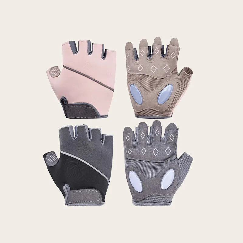  Fingerless gym gloves in grey and pink, palm padding and wrist strap, full collection