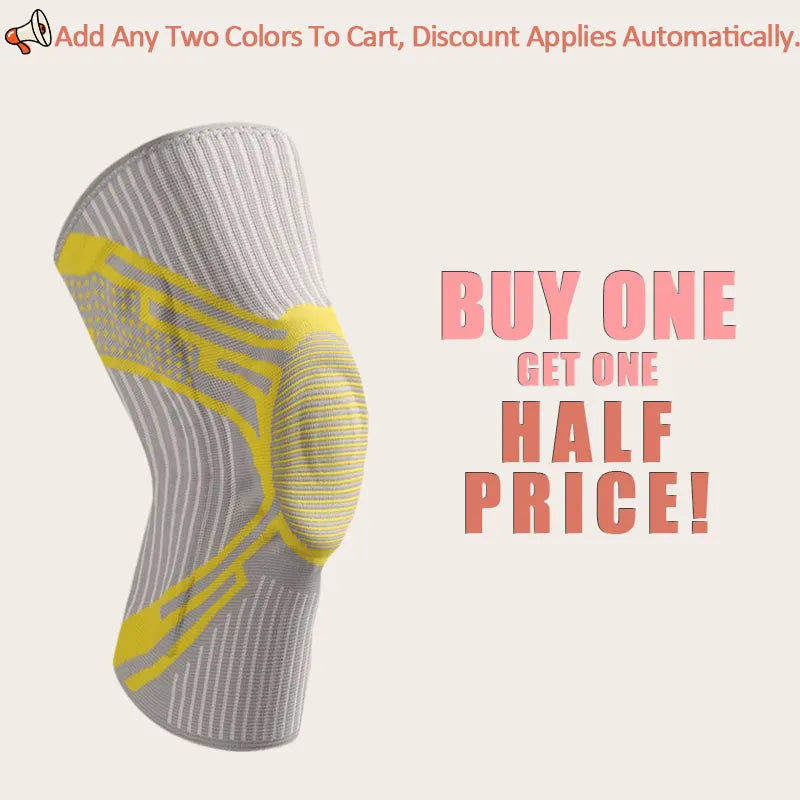 Yellow and grey knitted knee support from Sportive Lives – breathable compression gear for workouts, buy one get one half price in Canada