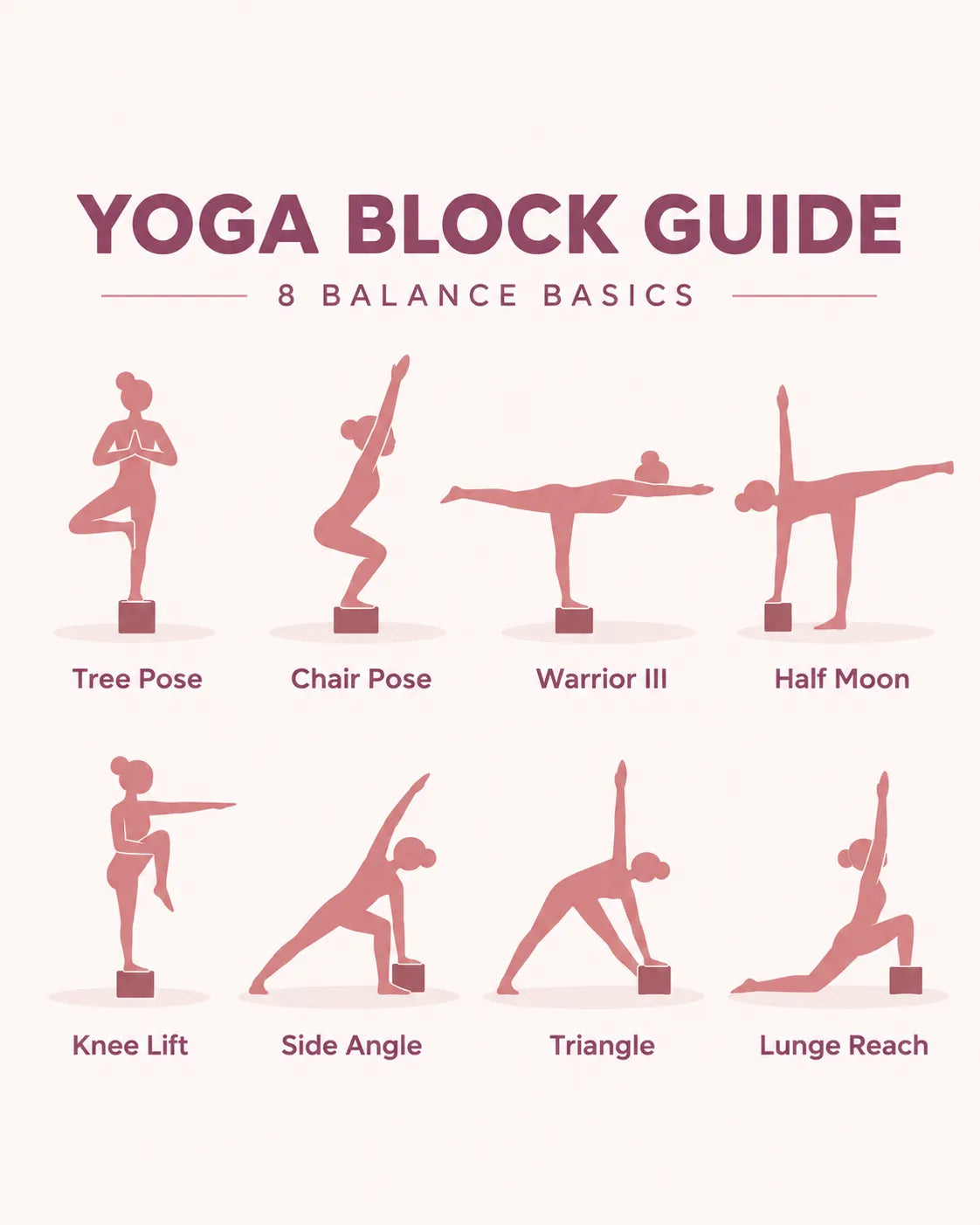 Yoga block guide showing eight balance poses including tree, chair, Warrior III, half moon, side angle and triangle.