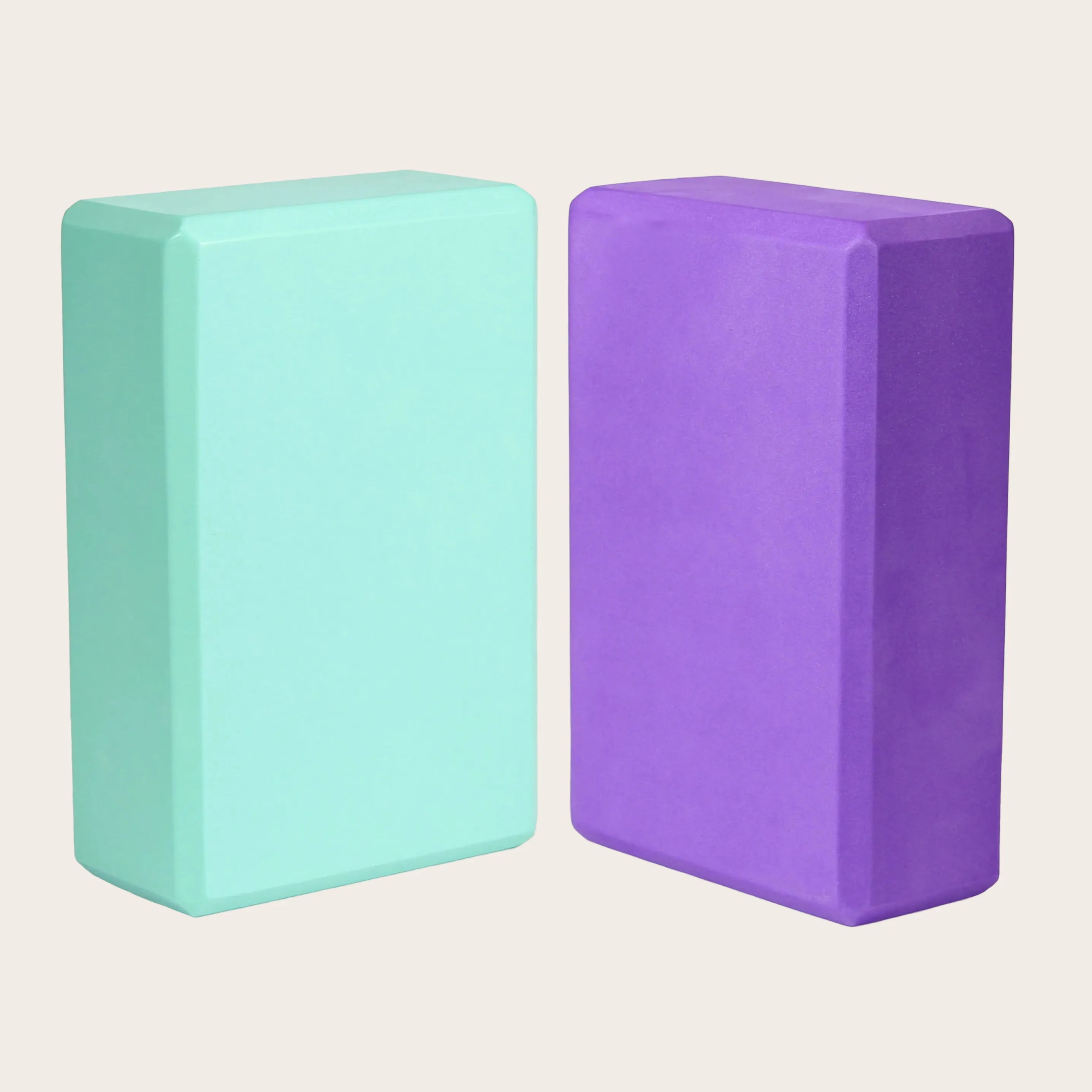 Set of Sportive Lives EVA yoga blocks in mint green and purple, durable and supportive for yoga stretching in Canada