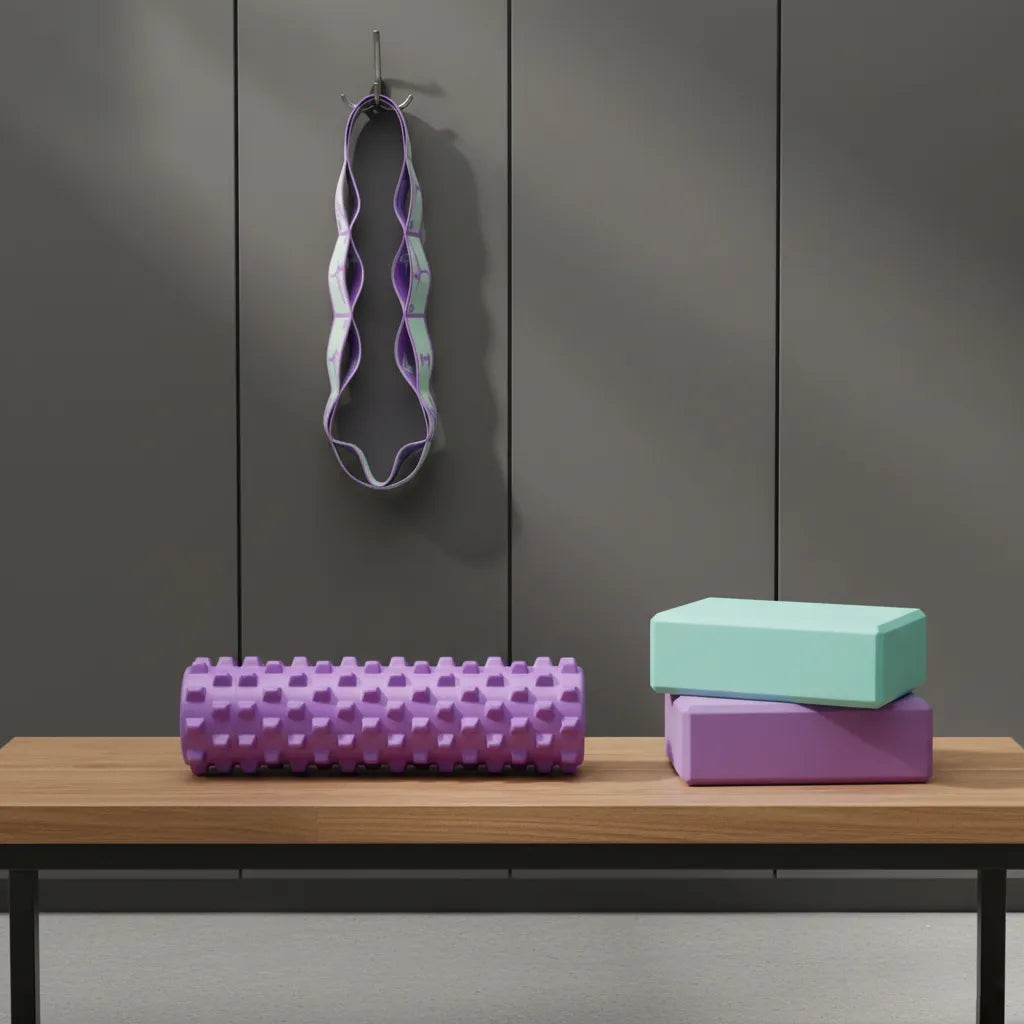 Sportive Lives yoga blocks in mint and purple with a textured foam roller and stretch strap on a wooden bench in a modern studio, Canada