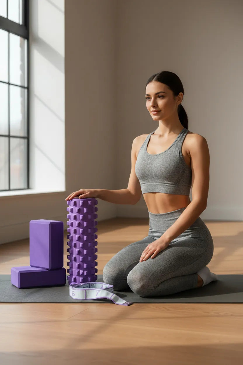 Sportive Lives woman in grey activewear kneeling on a yoga mat with purple foam roller, yoga blocks and numbered stretch strap in a sunlit studio, Canada