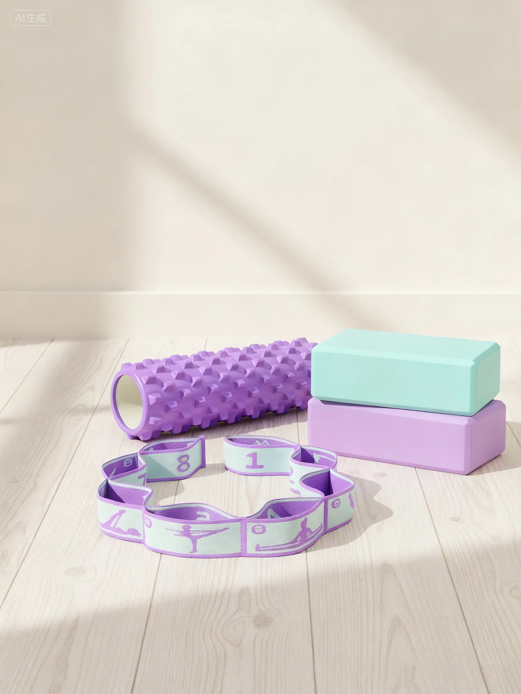 Sportive Lives yoga recovery kit with purple textured foam roller, mint and purple yoga blocks, and a numbered stretch strap on a sunlit wooden floor, Canada
