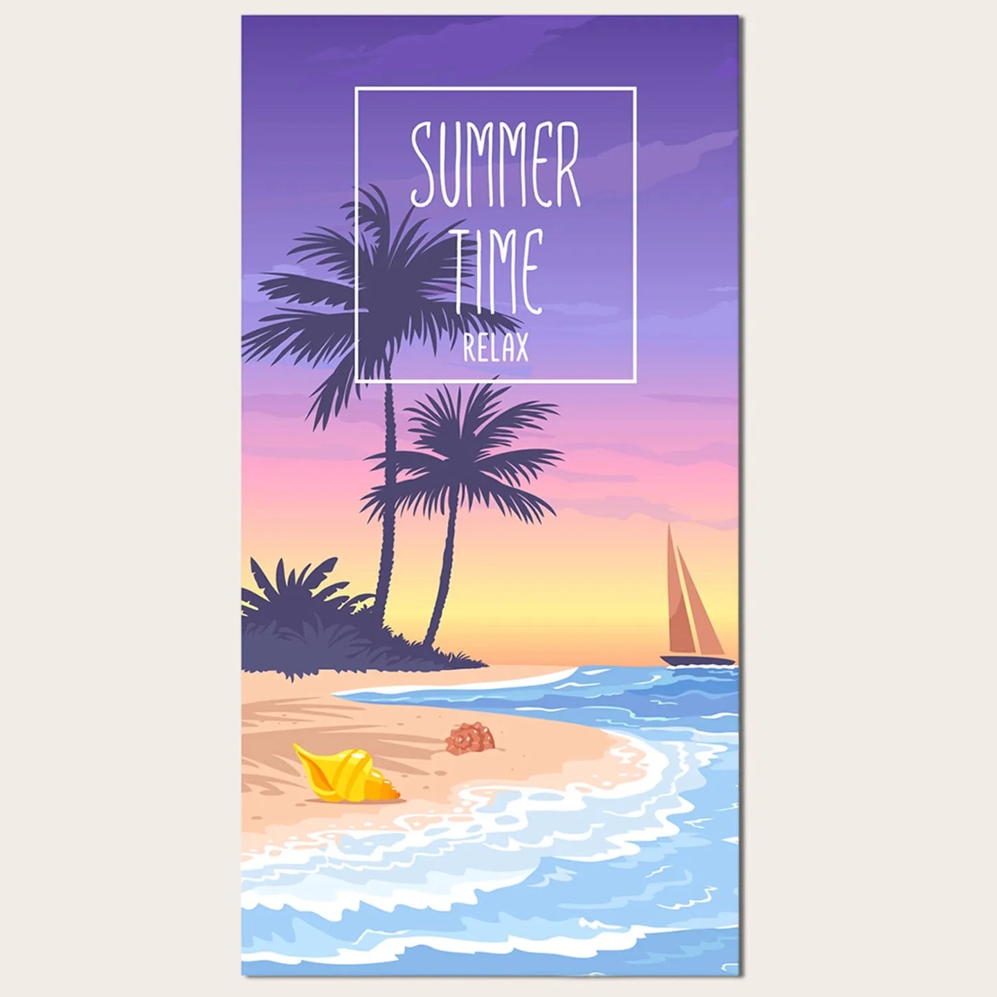 SPORTIVE microfiber beach towel with sunset island, palms and sailboat—sand-free, quick-dry, 80x160cm.