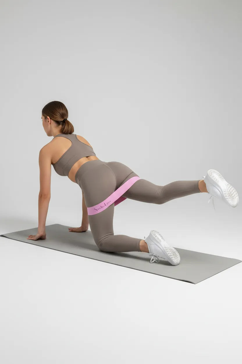 Donkey kicks using a Sportive Lives fabric resistance band above knees to isolate the glutes