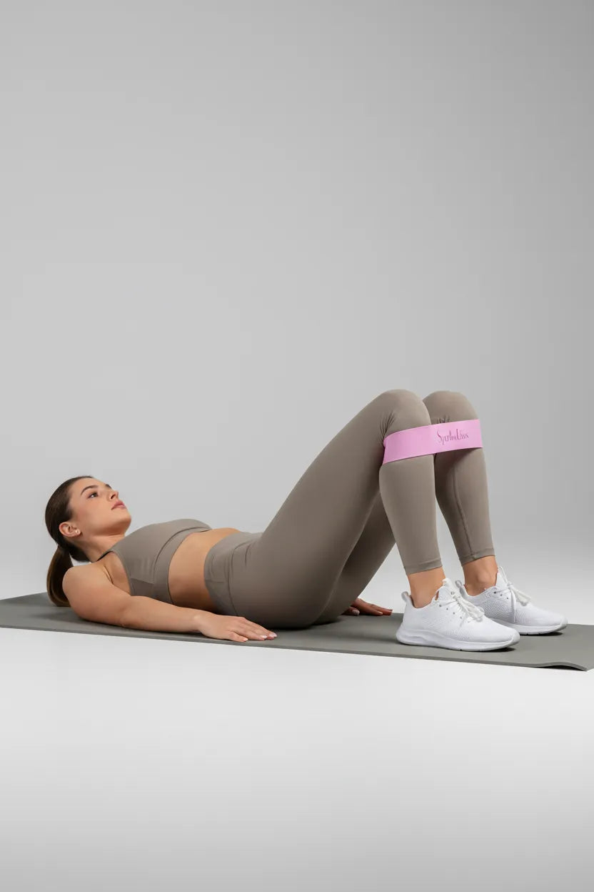 Woman on a yoga mat preparing for glute bridges with Sportive Lives fabric resistance band above knees