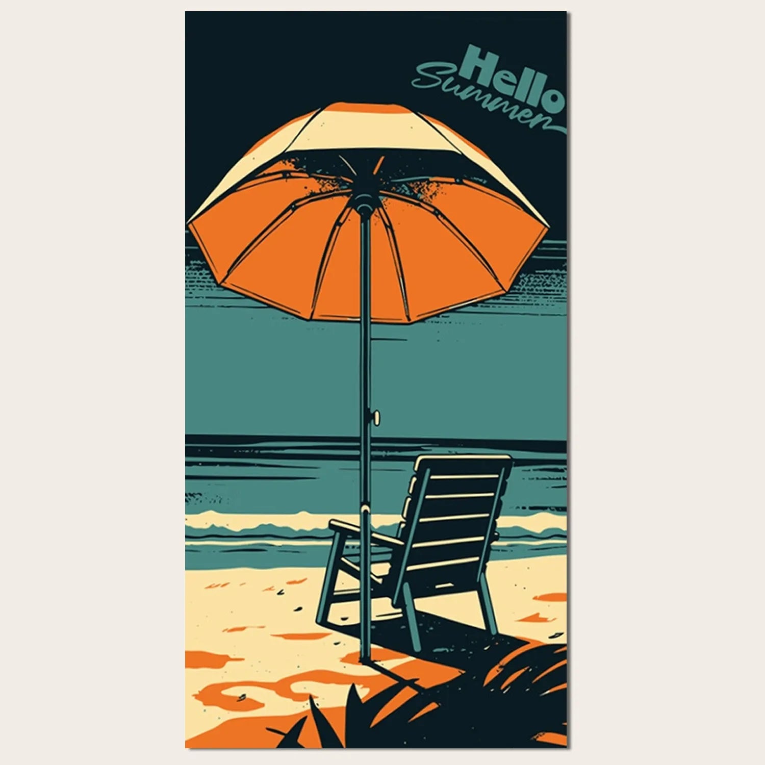 Retro beach towel with orange umbrella and lounge chair—SPORTIVE microfiber, sand-free, durable print, 80x160cm.