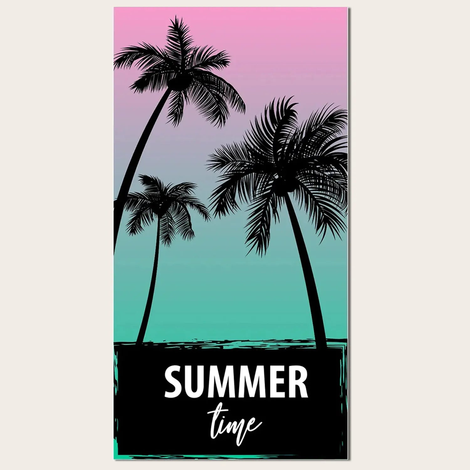 Gradient pink-mint beach towel with palm silhouettes by SPORTIVE—lightweight microfiber, skin-friendly, 80x160cm.