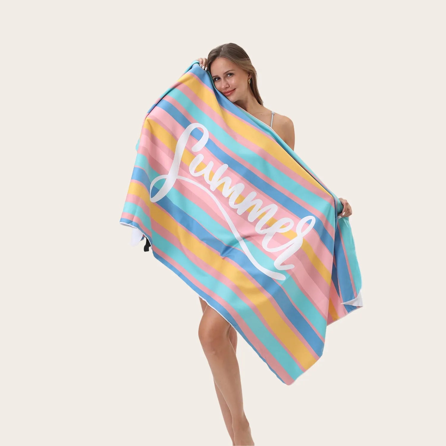 Model wrapped in pastel striped microfiber towel with “Summer” lettering – ultra soft, absorbent, and fast drying for pool, gym, or beach use