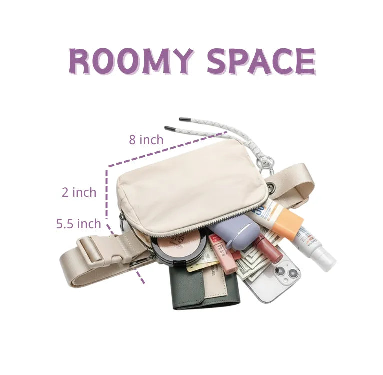 Beige waterproof nylon belt bag, 8 × 5.5 × 2 in, shown with phone, wallet and daily essentials to illustrate capacity.