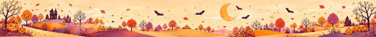 Panoramic Halloween autumn landscape featuring colorful fall trees, glowing pumpkins, flying bats, a crescent moon and a haunted house.