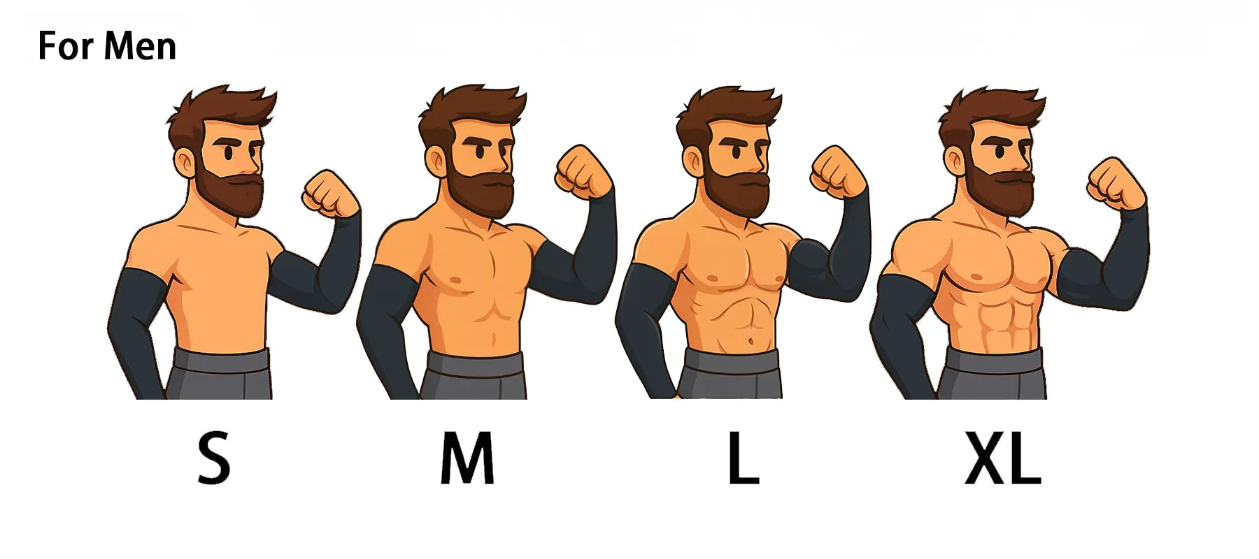 SportiveLives men’s UPF 50+ cooling arm sleeves size chart—illustrated fit for S, M, L, XL.