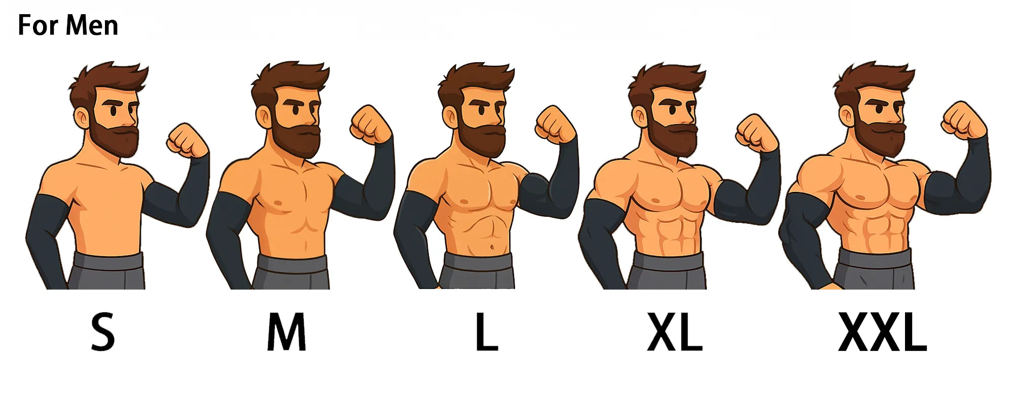 SportiveLives men’s UPF 50+ cooling compression arm sleeves size guide—illustrated fit for S, M, L, XL, XXL.