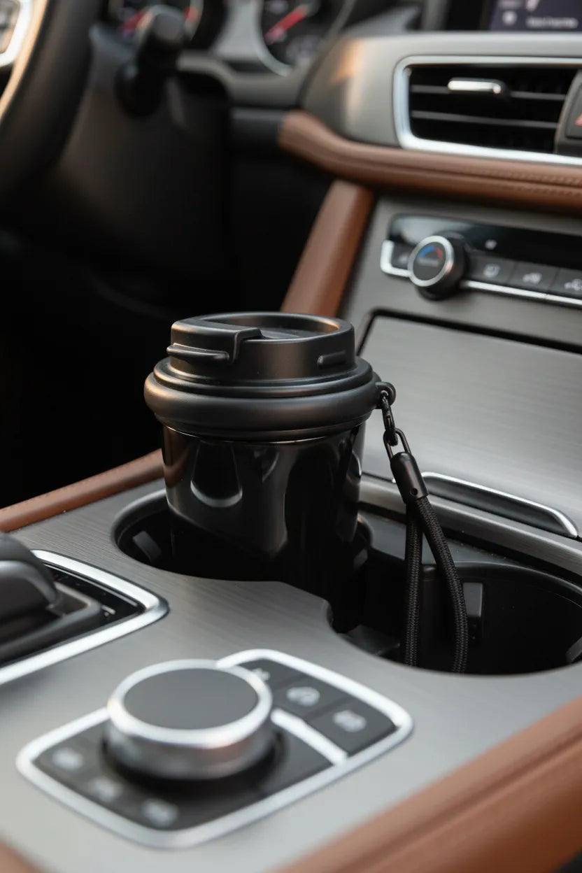 Glossy black mini coffee mug with secure flip lid and black lanyard sitting in a car cup holder on a modern center console—road-trip hydration.