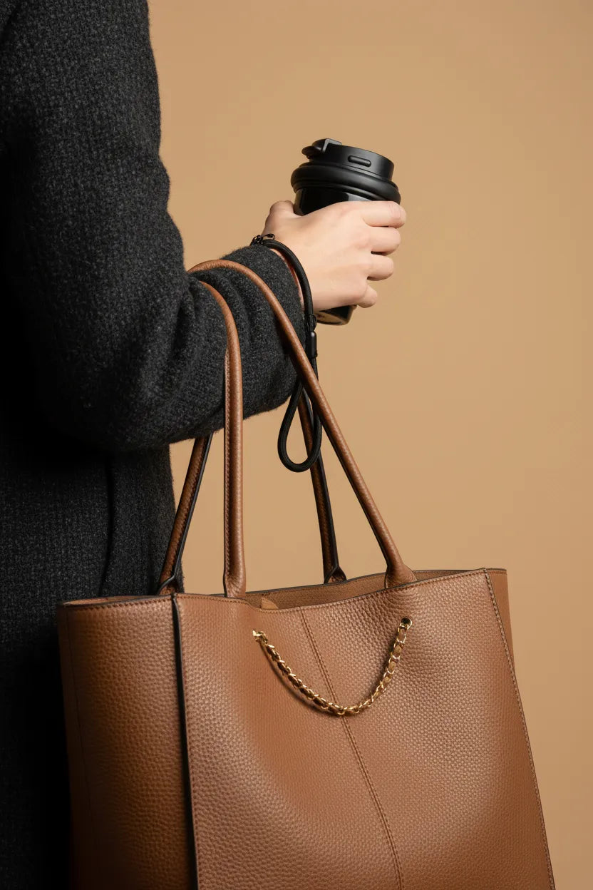 Hand carrying a glossy black mini travel coffee mug with a black wrist strap beside a brown leather tote—minimal beige background, commuter lifestyle.