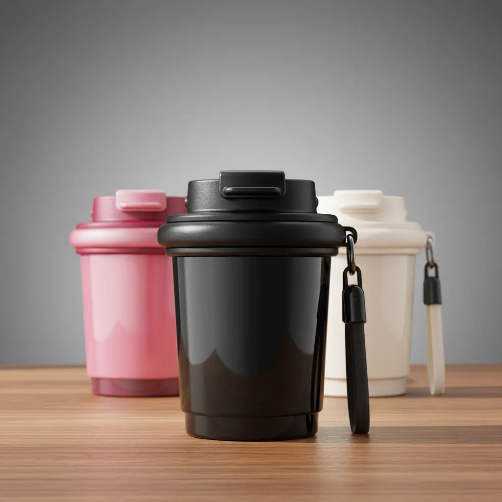 Lineup of Sportive Lives mini coffee mugs—black in front with lanyard, rose-pink and ivory in back—on a wood surface with soft studio lighting.